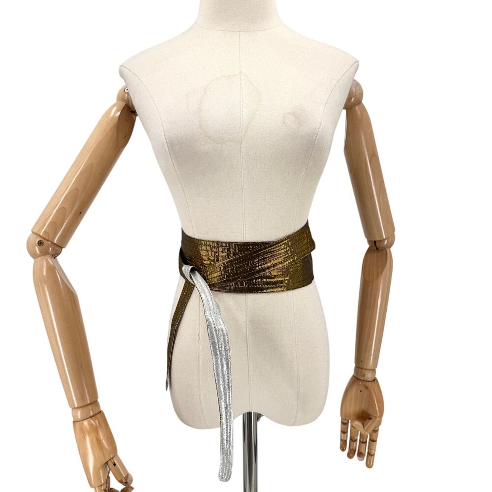 Vintage 80s Gold Silver Stitched Iridescent Reversible Sash Belt